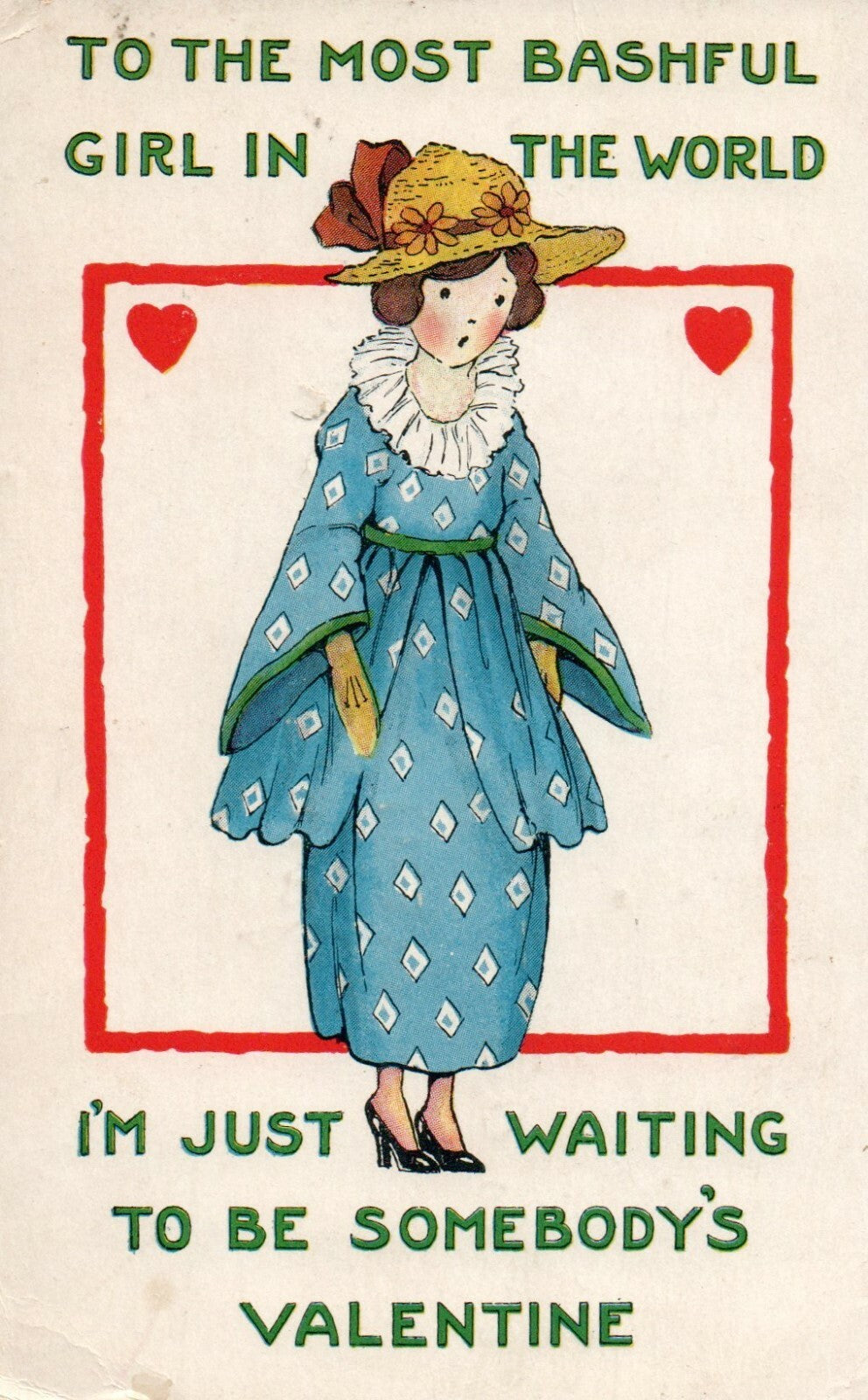 Whitney To The Most Bashful Girl Blue Dress Yellow Hat Valentines Postcard