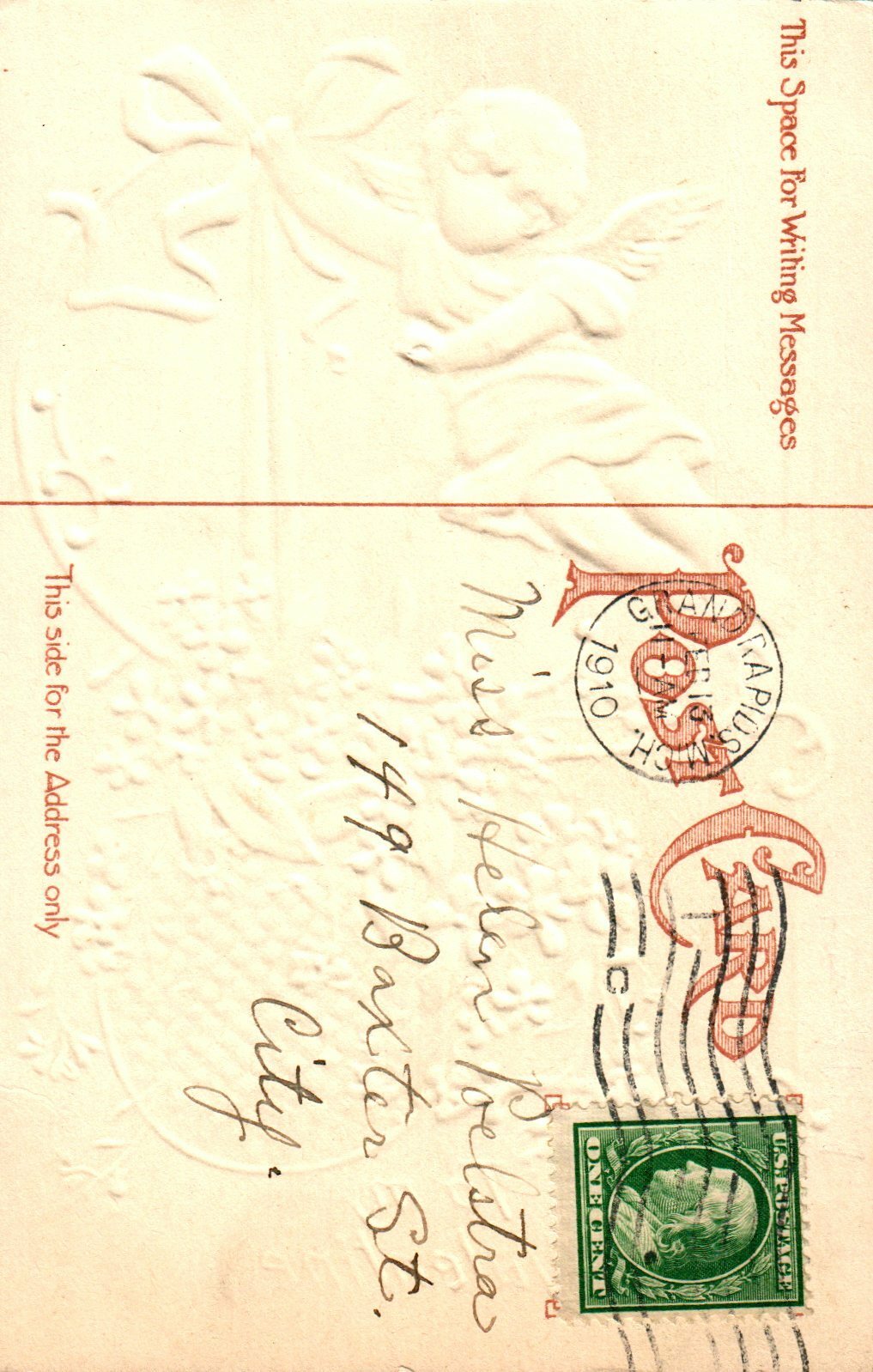 Cupid Holding Green Ribbon Gold Metallic Blue Floral Valentine postcard