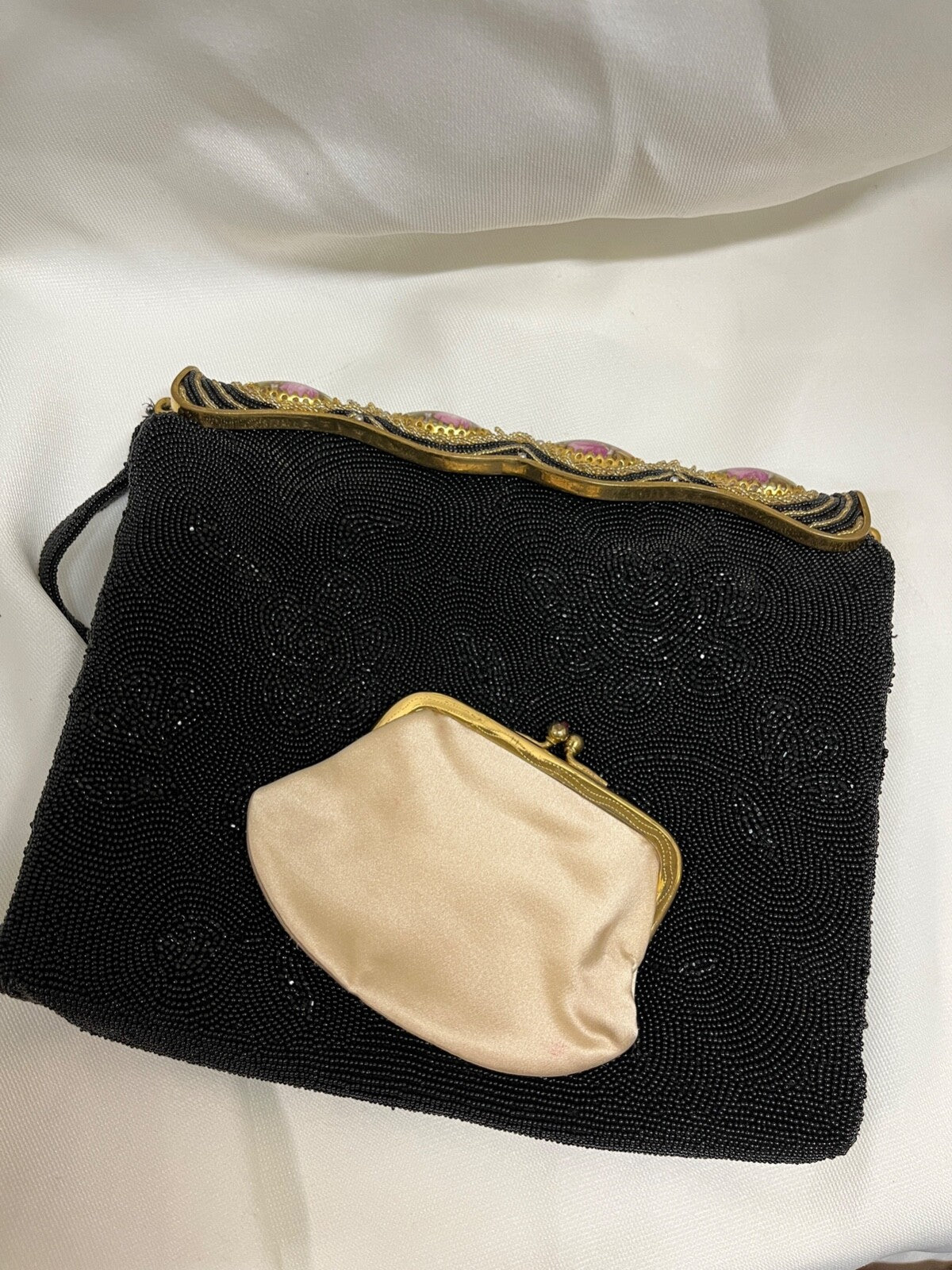 Hand beaded French Walborg 1940s/50s Black evening purse with Cameo inset