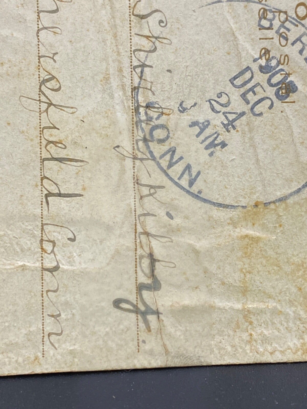 A Merry Christmas Purple Santa w/ Toys on Back & Tree Santa Postcard DAMAGED