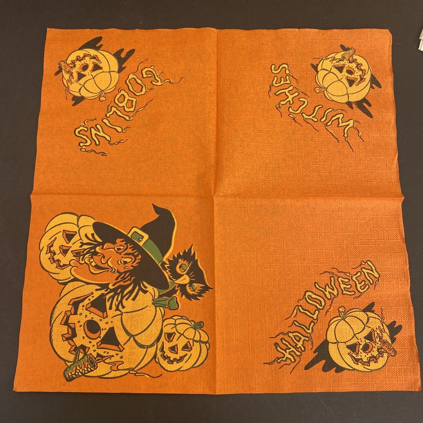 Vintage Orange HALLOWEEN PAPER NAPKIN Lot of 4 ALL WITCHES, Black cats, J.O.L