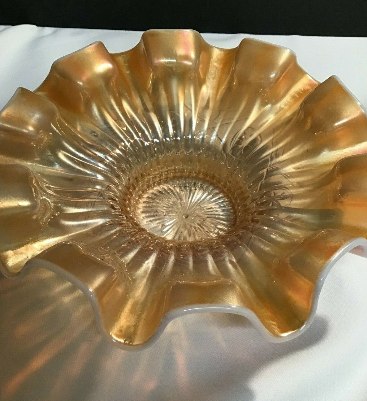 9" Marigold and Opal Ribbon Edge Floral Patterned Carnival Glass Bowl