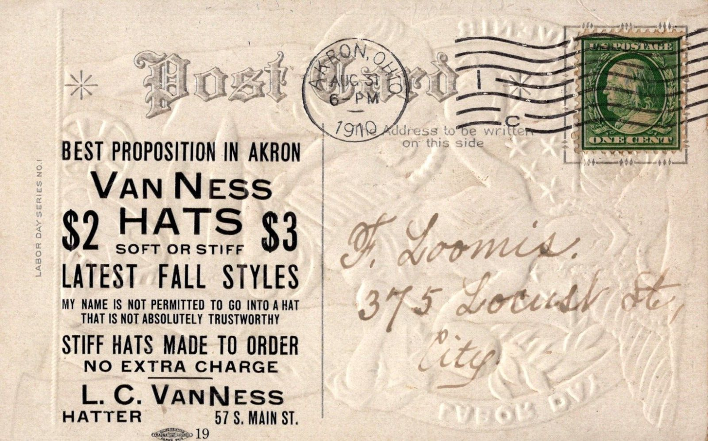 Patriotic Labor Day Souvenir Postcard Series 1 Two Men Stand Before Lady Liberty