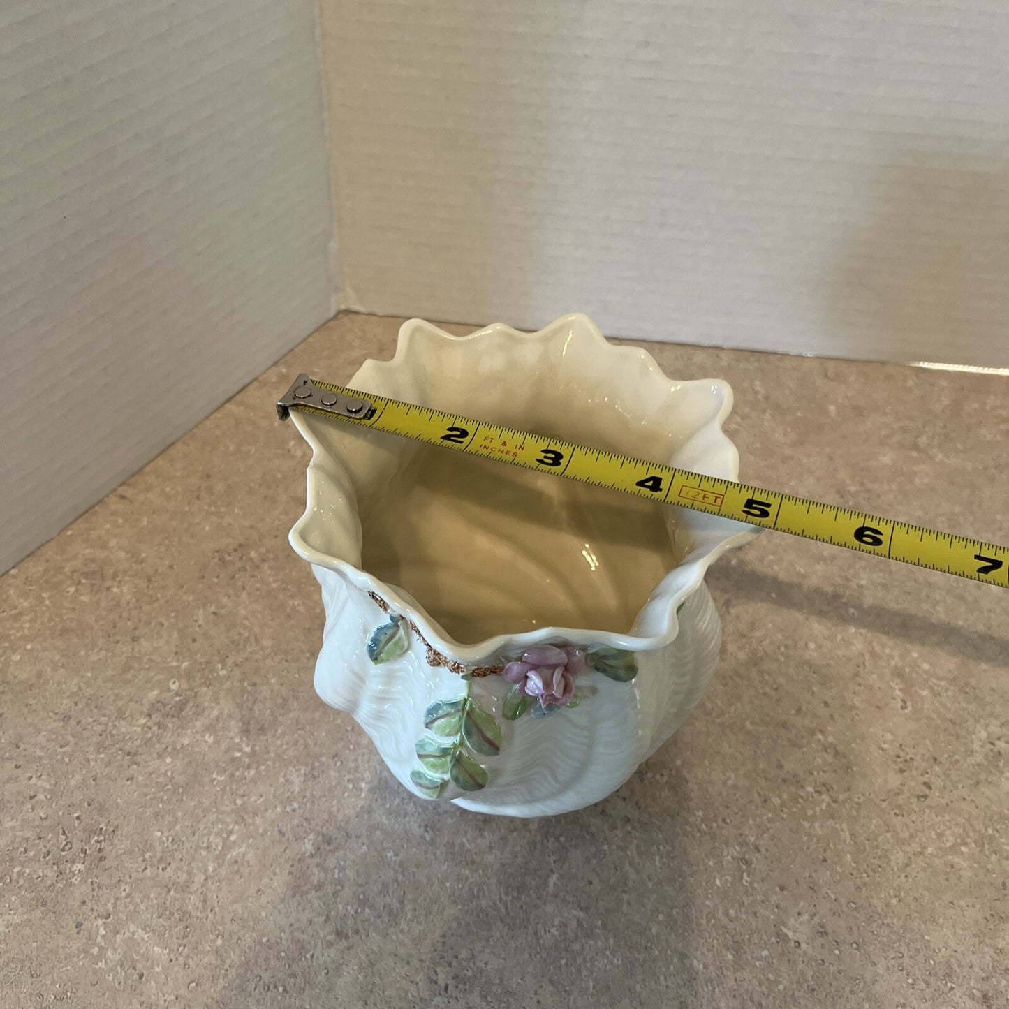 VTG EUC Belleek Cache Pot Vase Applied Dusty Pink Rose Shamrock 3rd Green Mark