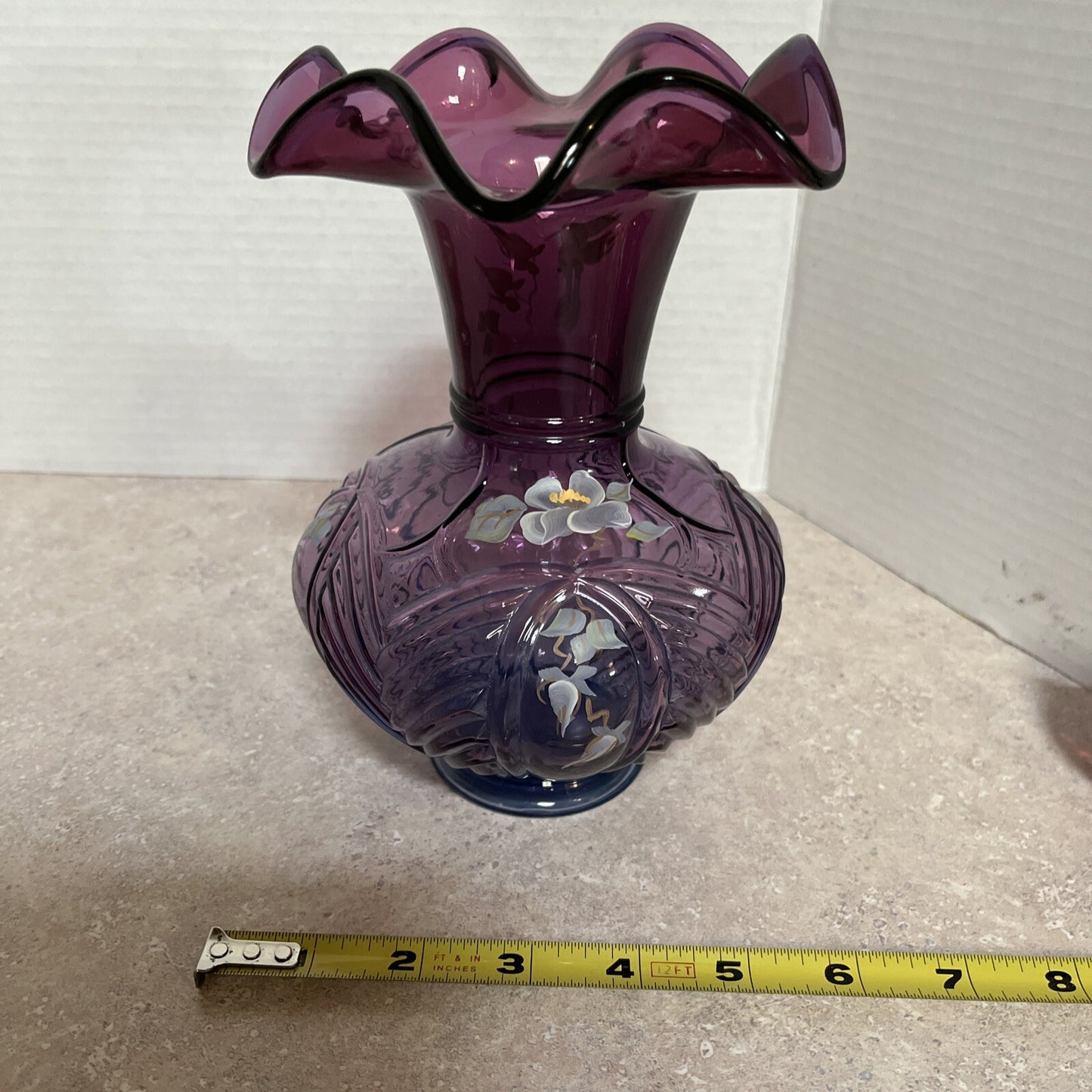 Fenton mullberry Melon Vase H/P Floral Design, numbered & signed