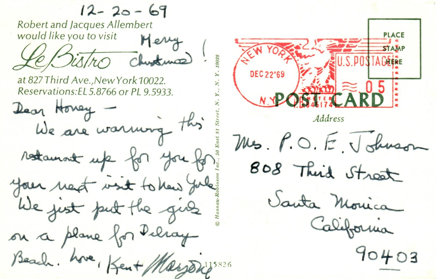 Interior Le Bistro Restaurant New York City NY Postcard