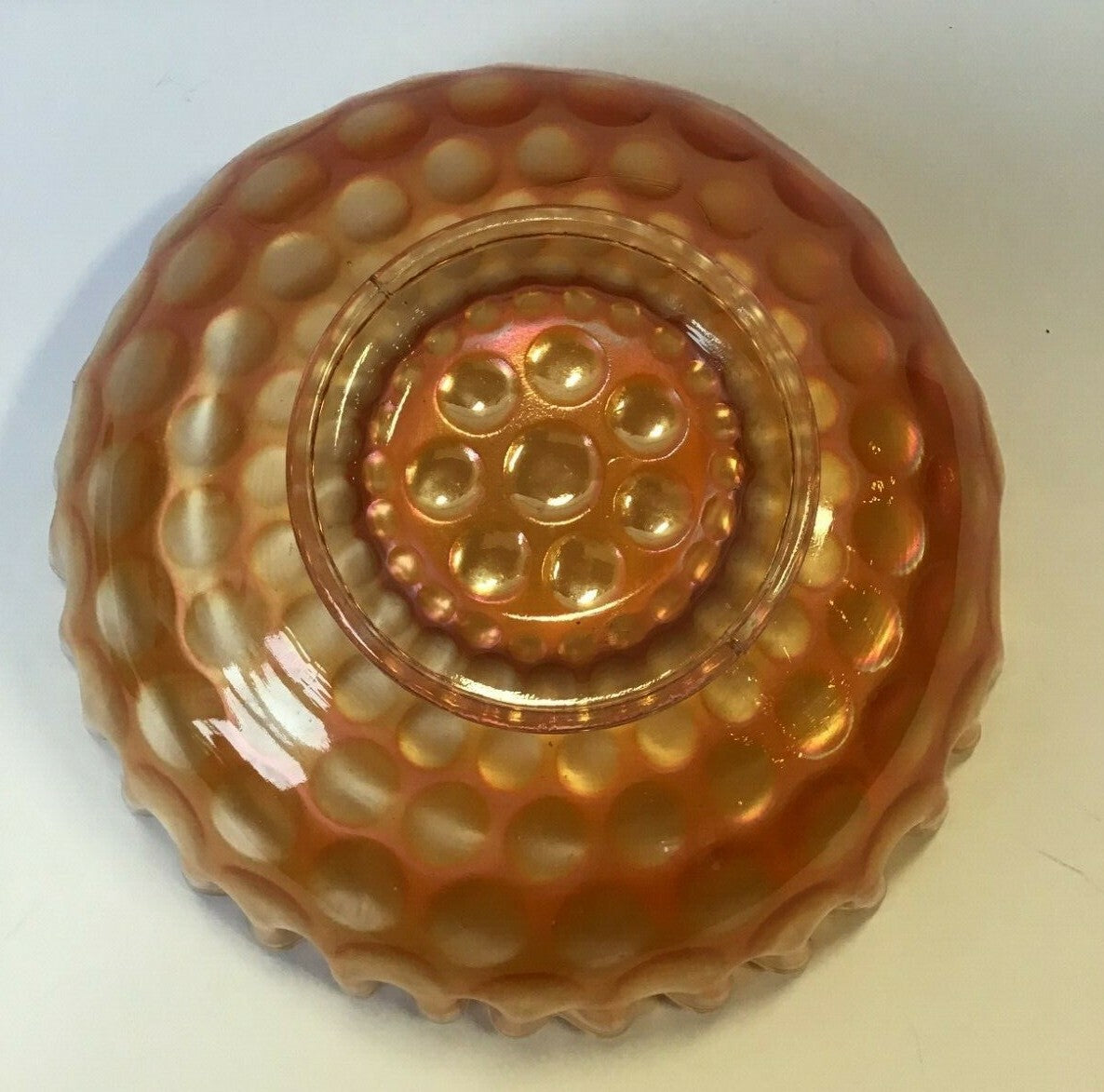 7 1/2" Marigold Coin dot Pattern Small Ribbon Edge Iridescent Carnival Glass