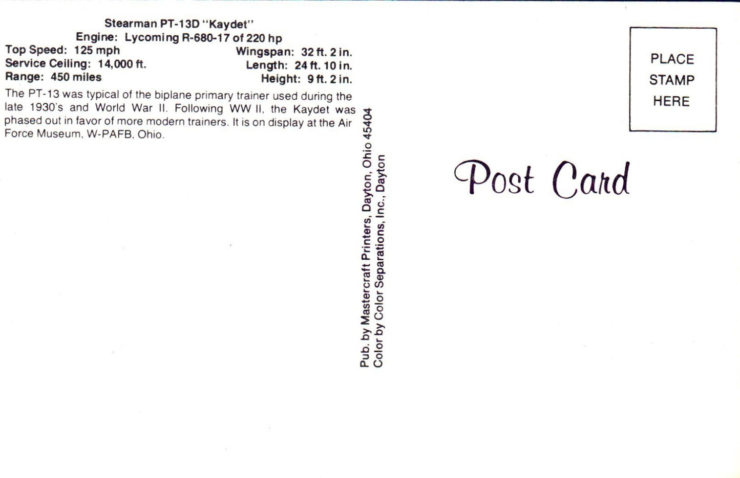 Stearman PT-13D "Kaydet" Airplane Postcard