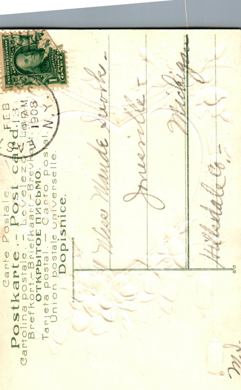 Man Holding Womans Arms Pink Flowers Yellow Background Valentines Postcard 586