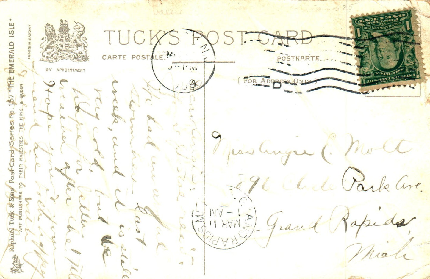 St Pats Post Card Gold Harp on Flag The Flag Of Erin