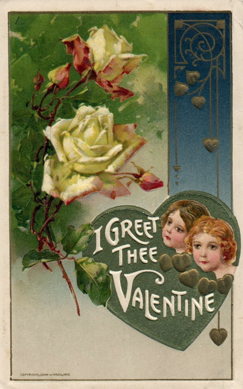 Winsch 1910 White Rose Gold Girls Portraits Valentine Greetings Postcard
