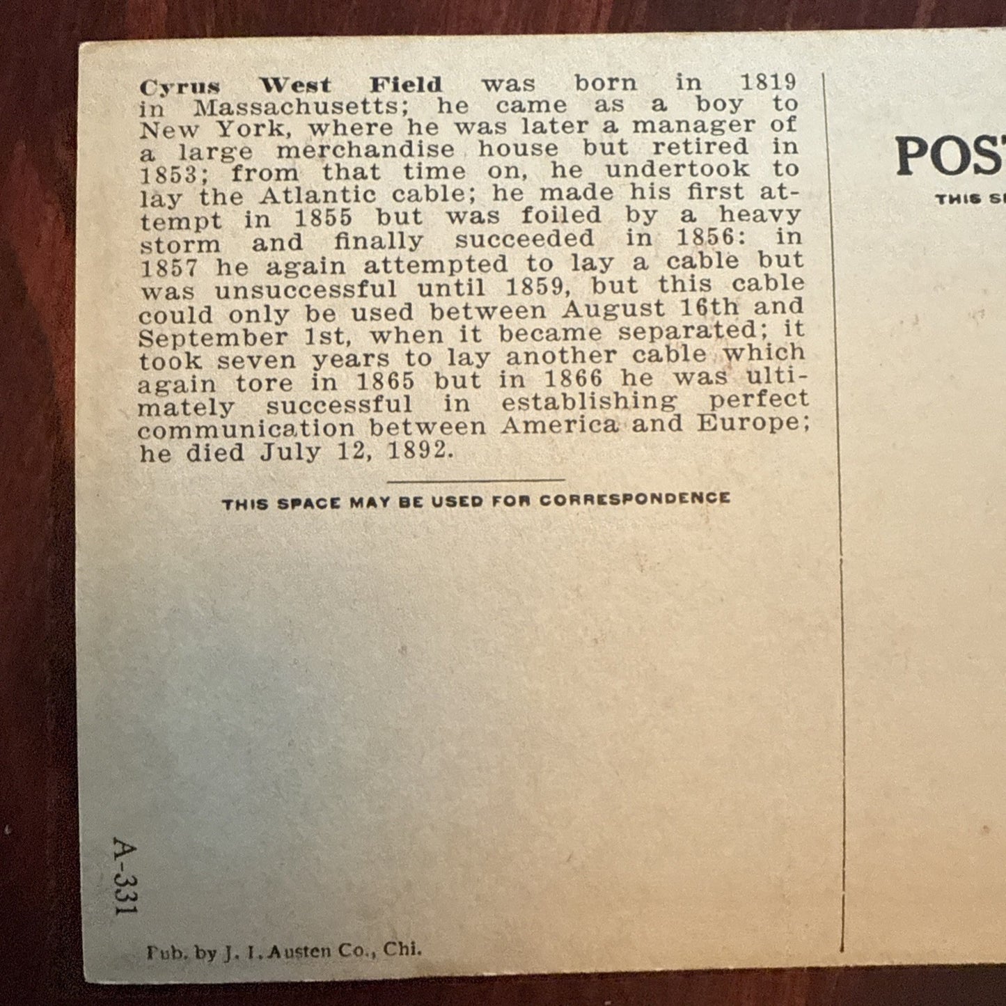 Cyrus West Field by J I Austen Postcard Anvil Ship Plane Train c1910's *Scarce