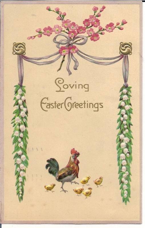 PFB Rooster chicken Chick Lily Of the Valley Easter Postcard