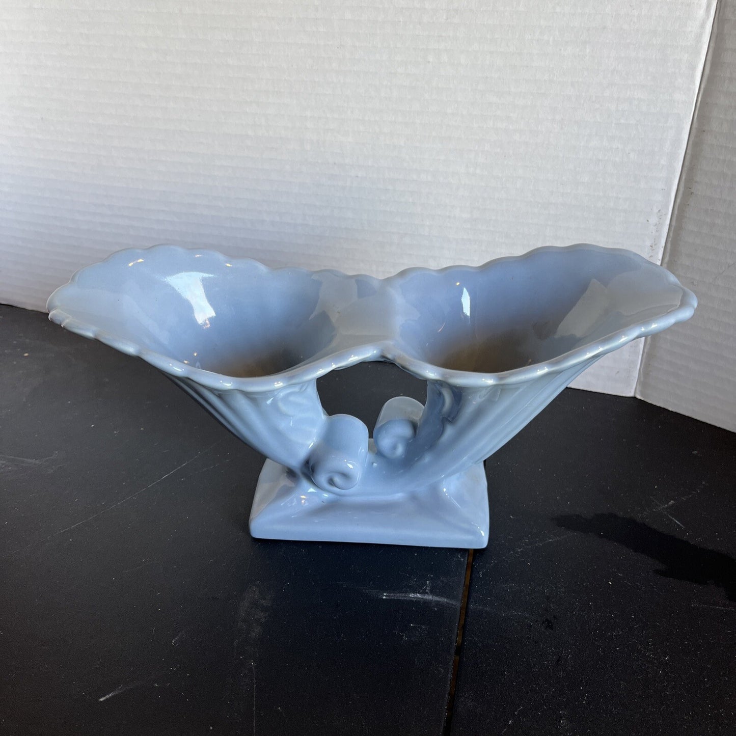 Abingdon Illinois Pottery 11" Double Cornucopias Blue Vase Planter #482