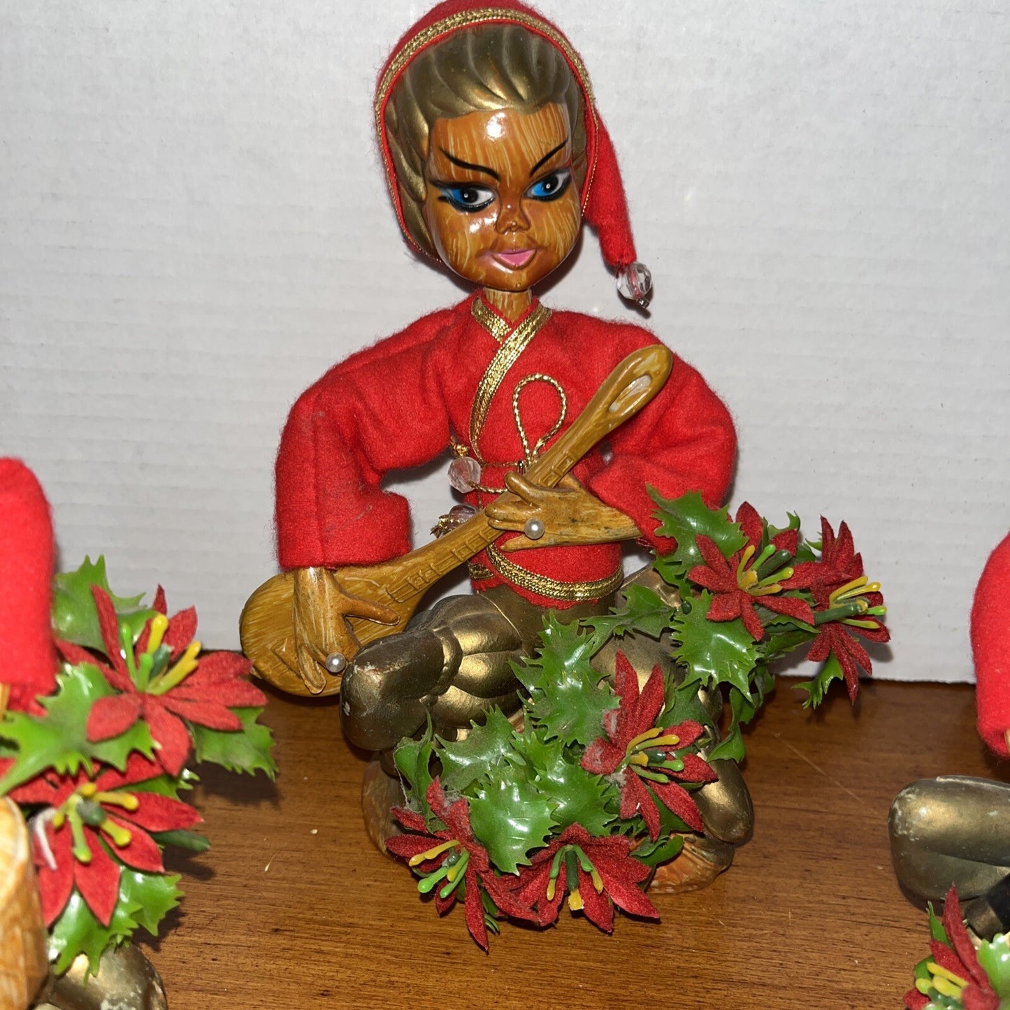 3 Vintage Asian Boys Playing Instruments Figurines Pixie Elf Hong Kong Christmas