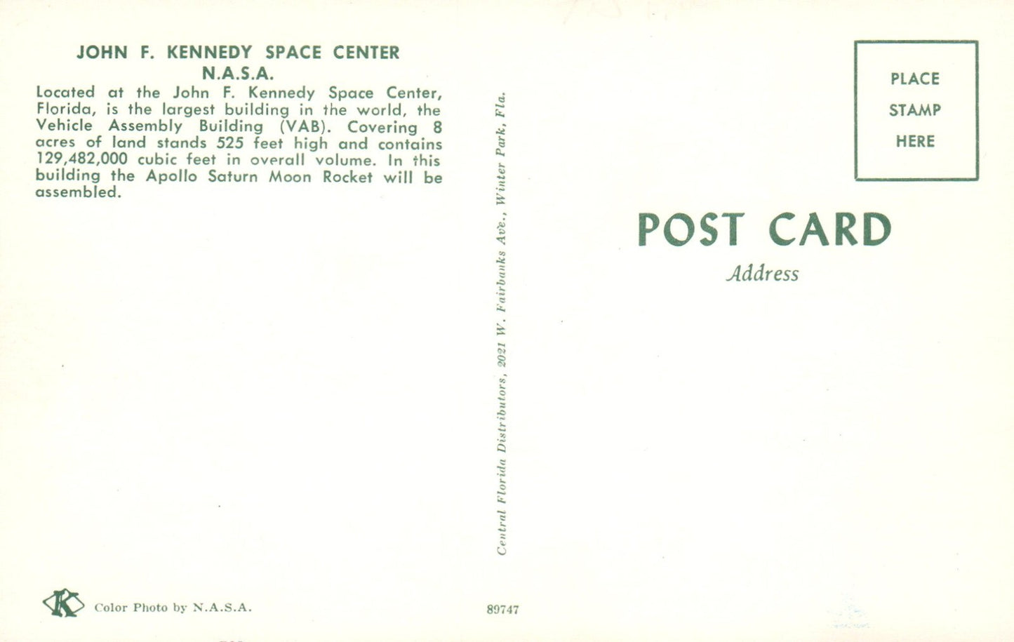John F Kennedy Space Center NASA Florida FL Postcard 89747
