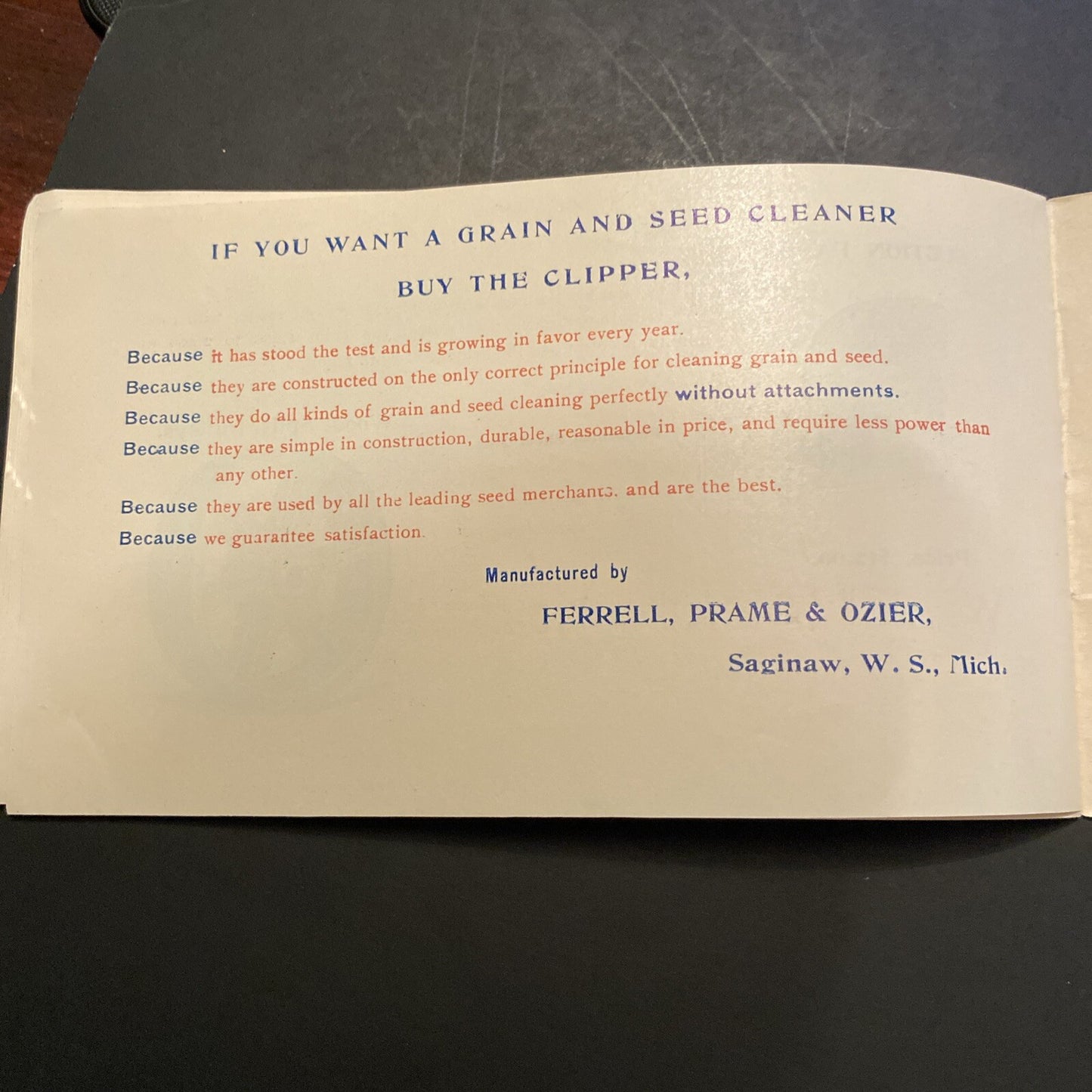 A T Ferrell Company Clipper Grain Seed Saginaw MI Trading Trade Card Advertising