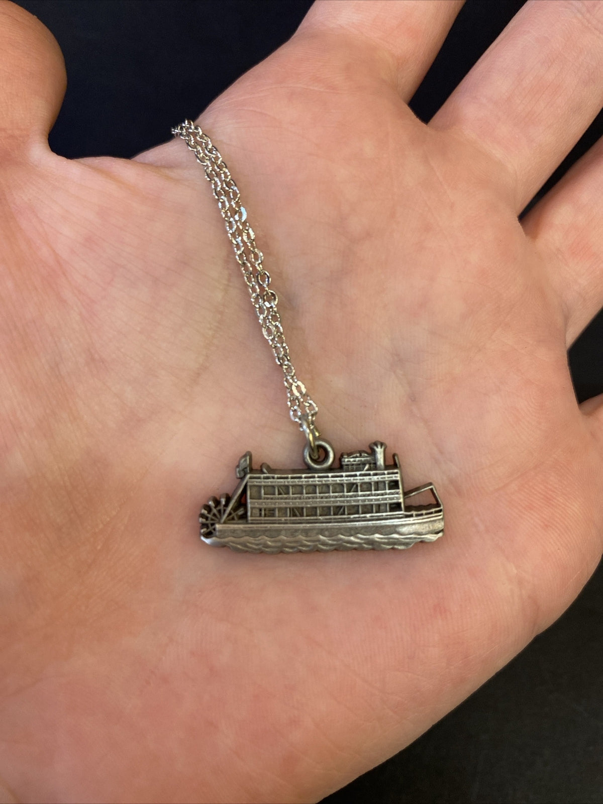 Pewter Lowell Showboat necklace Lowell Michigan Paddle wheel River boat
