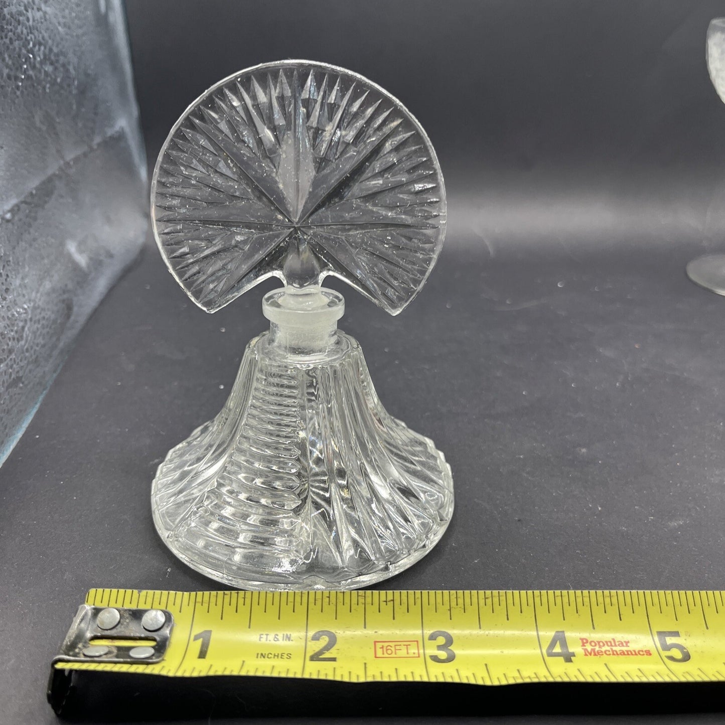 Art Deco Style Pressed Glass Perfume Bottle w/ Fan Star Stopper, Empty, Clear 5"