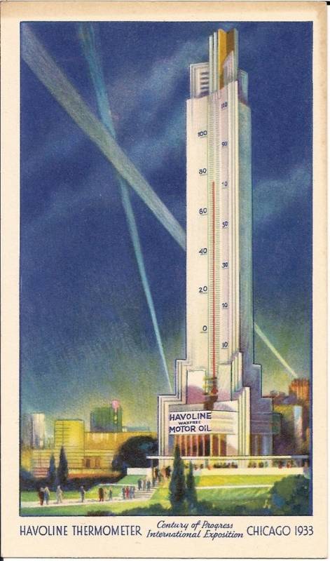 Worlds Tallest Thermometer Chicago IL Illinois Havoline Oil Postcard Worlds Fair