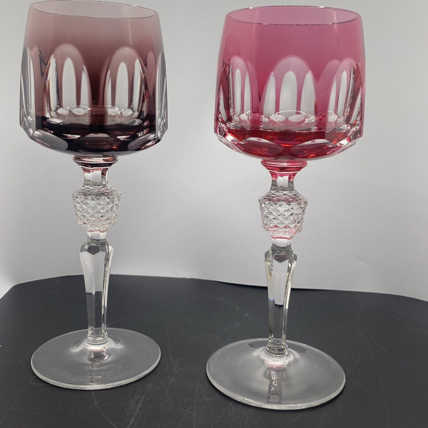 2 NACHTMANN ANTIKA Crystal 8" Cut To Clear WINE GOBLET Bohemian Pink Amethyst