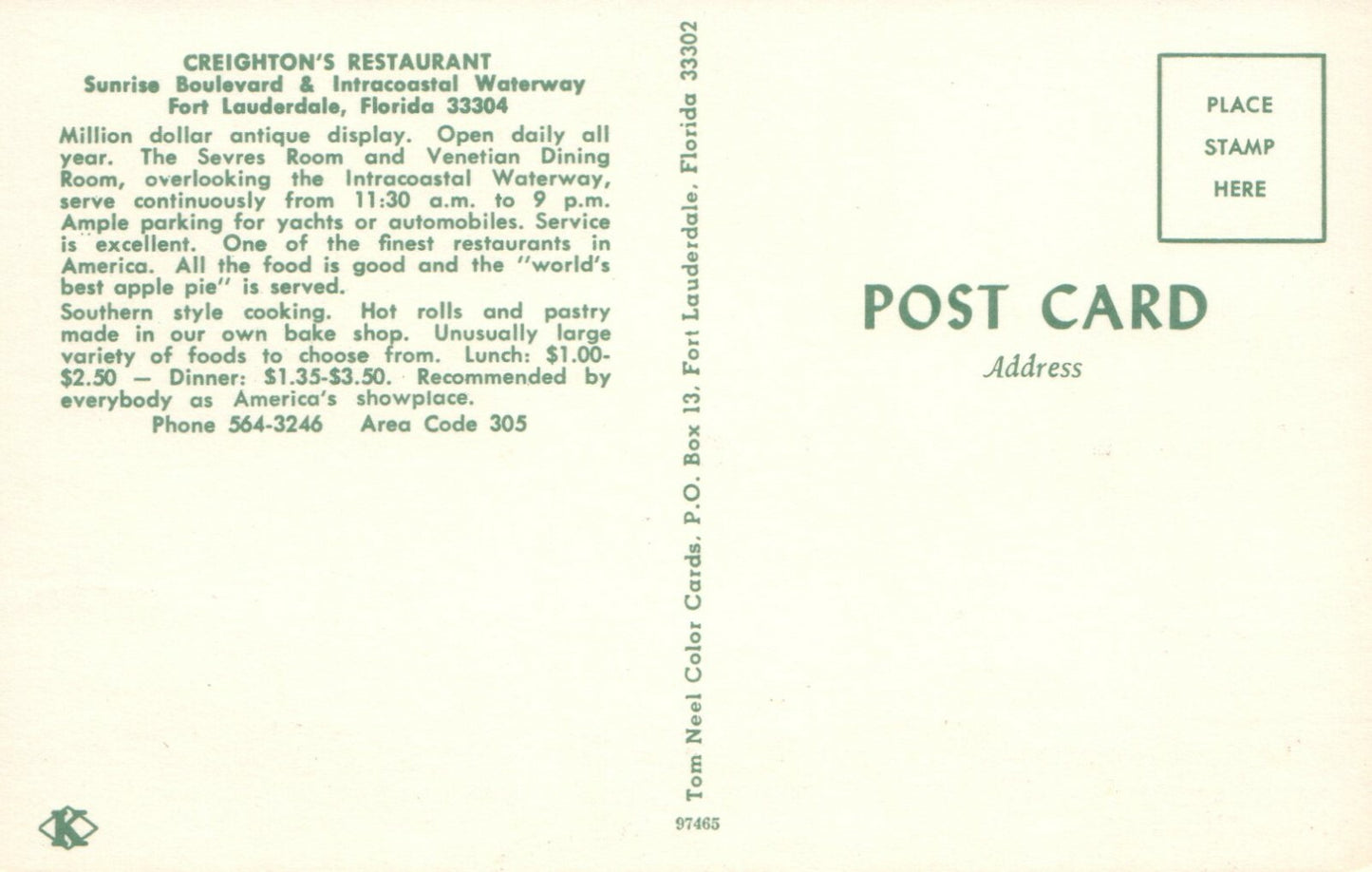 Creightons Restaurant Fort Lauderdale Florida FL Chandelier Interior Postcard