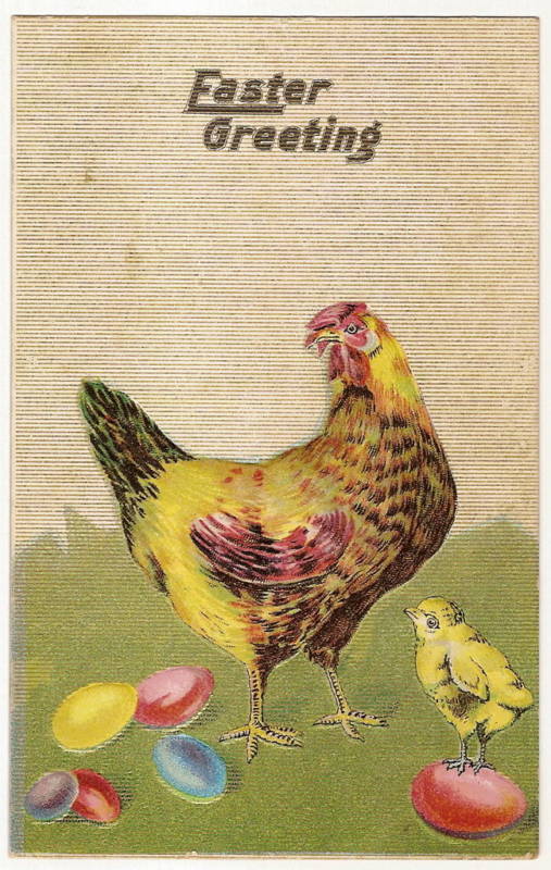 Rooster Hen Chick chicken Colored Egg Easter Postcard
