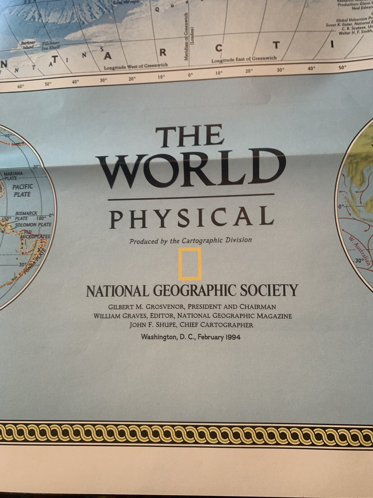 Vintage 1988 and 1994 National Geographic World Political/Physical Maps