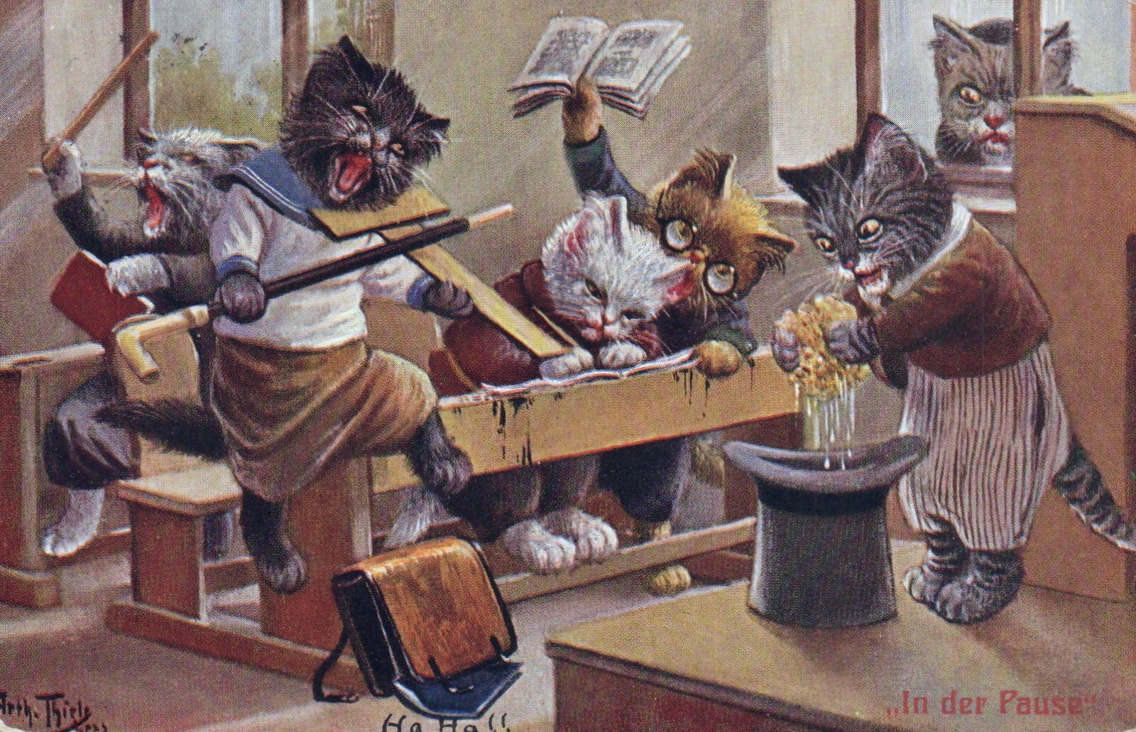 Artist Signed Arthur Thiele "In the Break" Kittens Causing Trouble Postcard