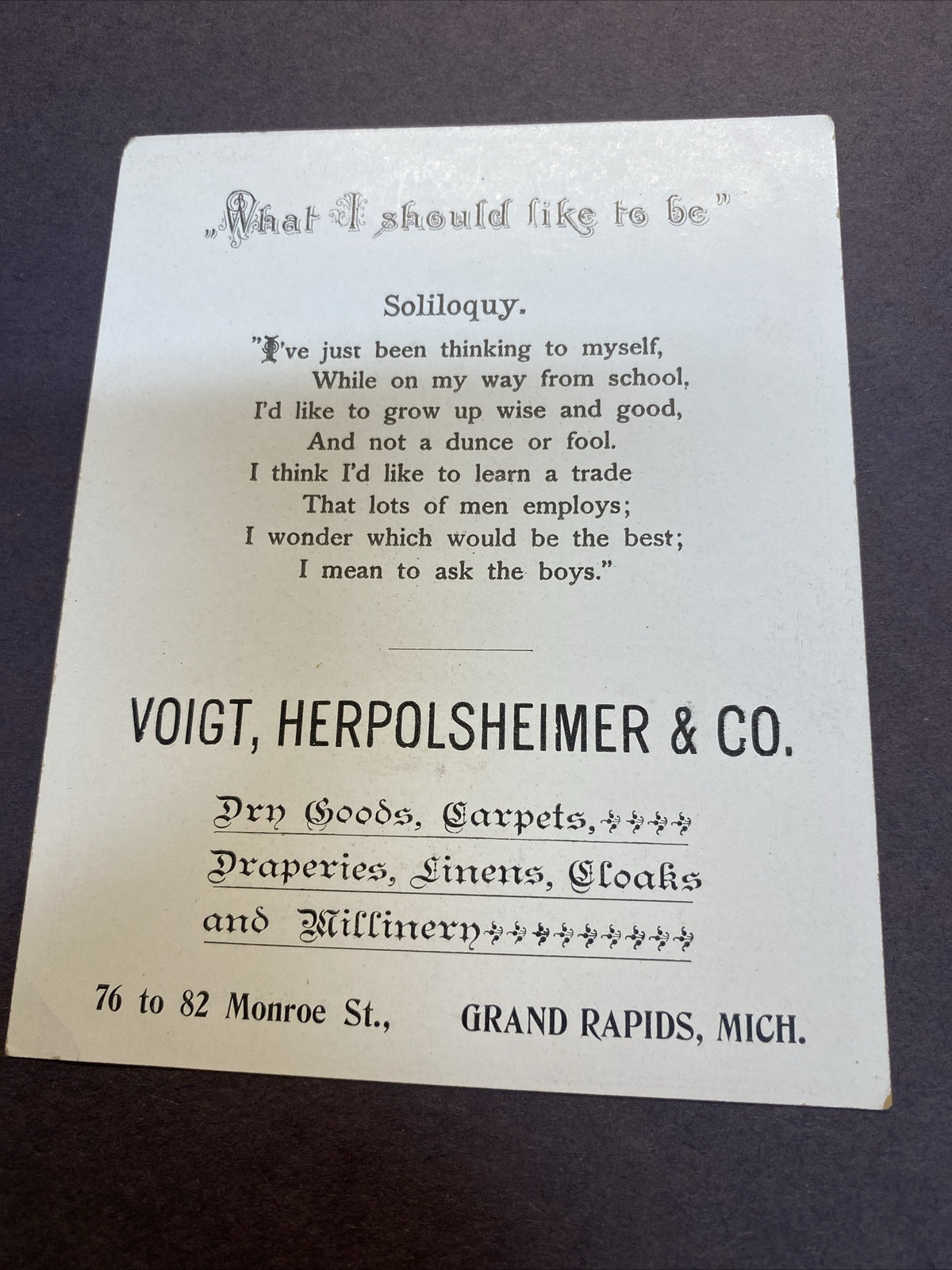 Herpolsheimer's Grand Rapids Michigan MI Advertising Victorian Trade Card boy