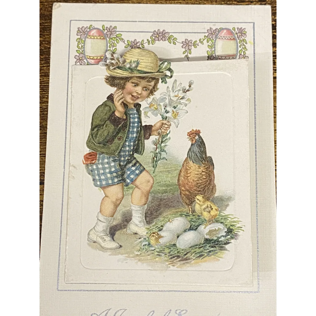 Winsch & Frexias A Joyful Easter Little Girl with Hen & Chicks Booklet Postcard