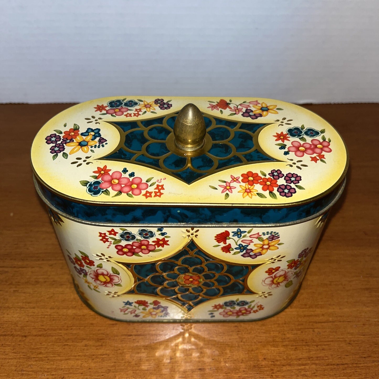 Vintage Oval Blue Green Yellow Metal Candy Tin Wild Flowers 5" High