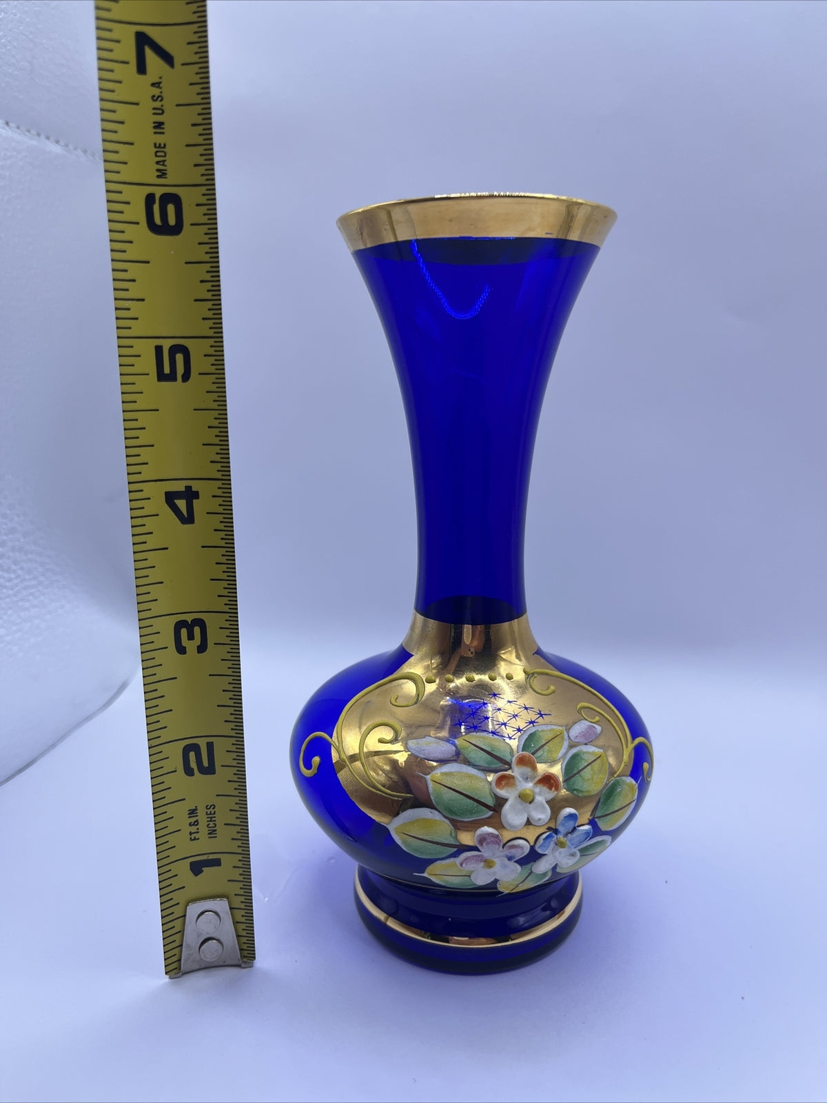BOHEMIAN CRYSTAL COBALT BLUE VASE GILDED RAISED ENAMEL 6” TALL