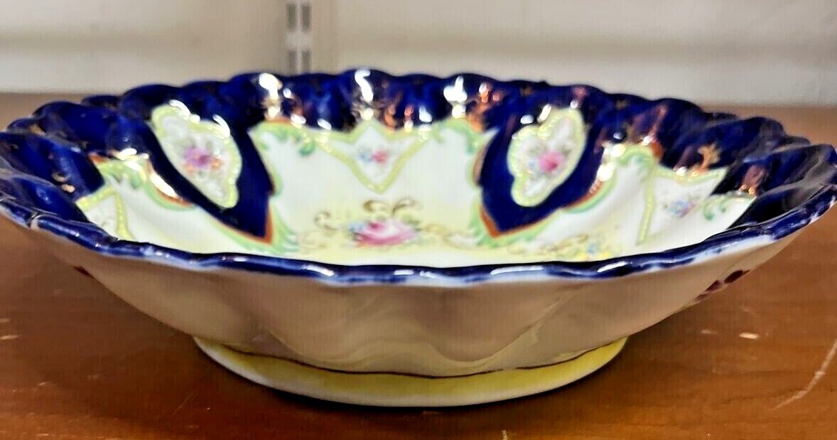 PRETTY VINTAGE CHINA "BLUE FLORAL" SCALLOPED BOWL 8.5"