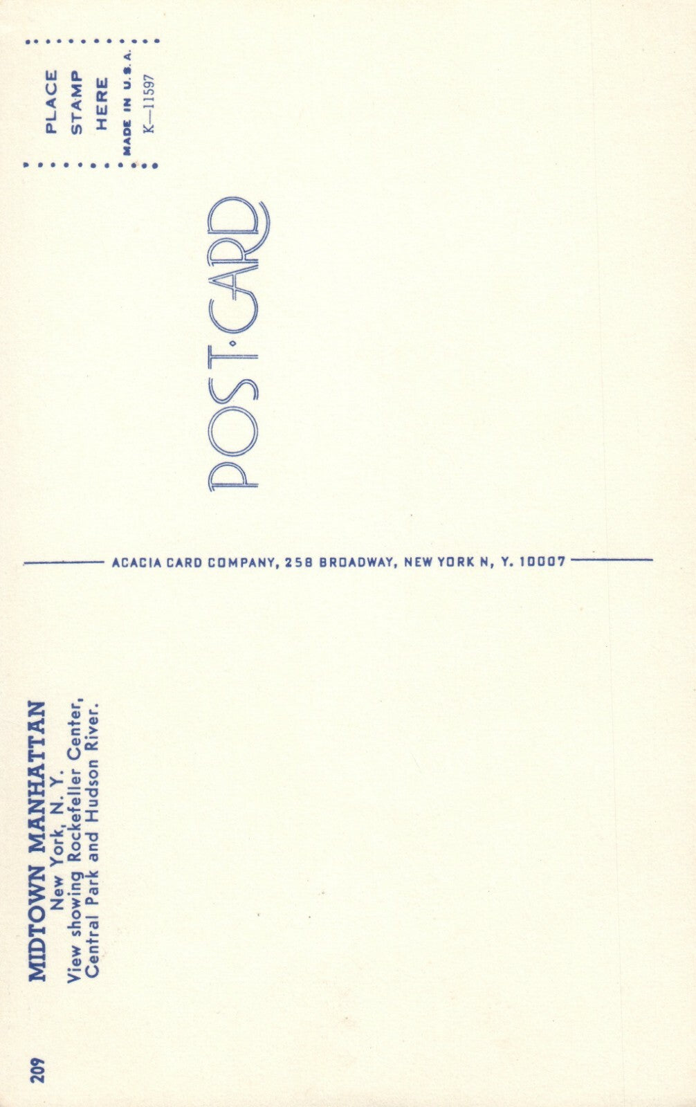 Midtown Manhattan Rockefeller Center Central Park Hudson River New York Postcard