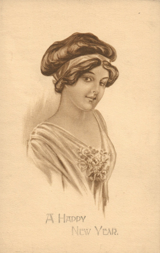 Woman Posing For Picture Vintage New Year Postcard