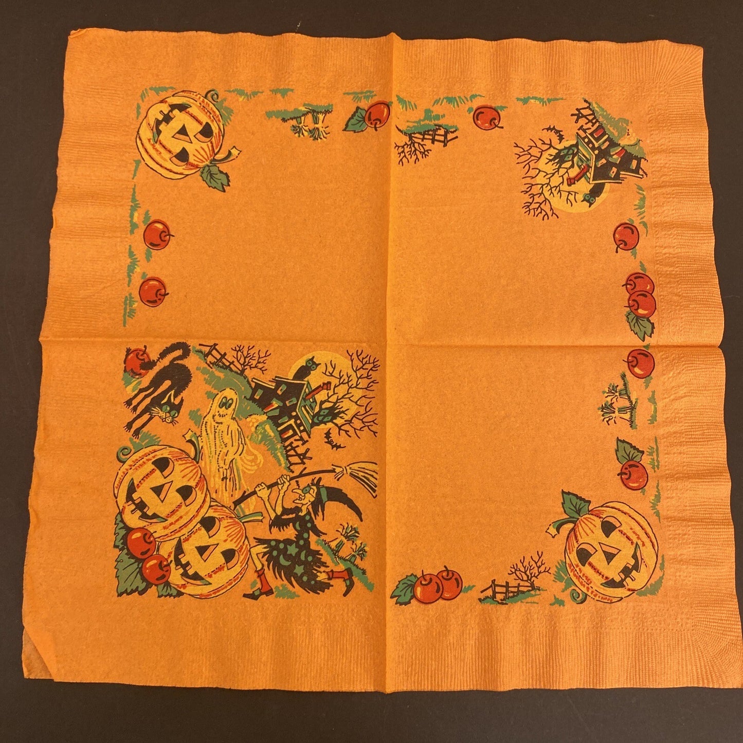 Vintage Orange HALLOWEEN PAPER NAPKIN Lot of 4 ALL WITCHES, Black cats, J.O.L