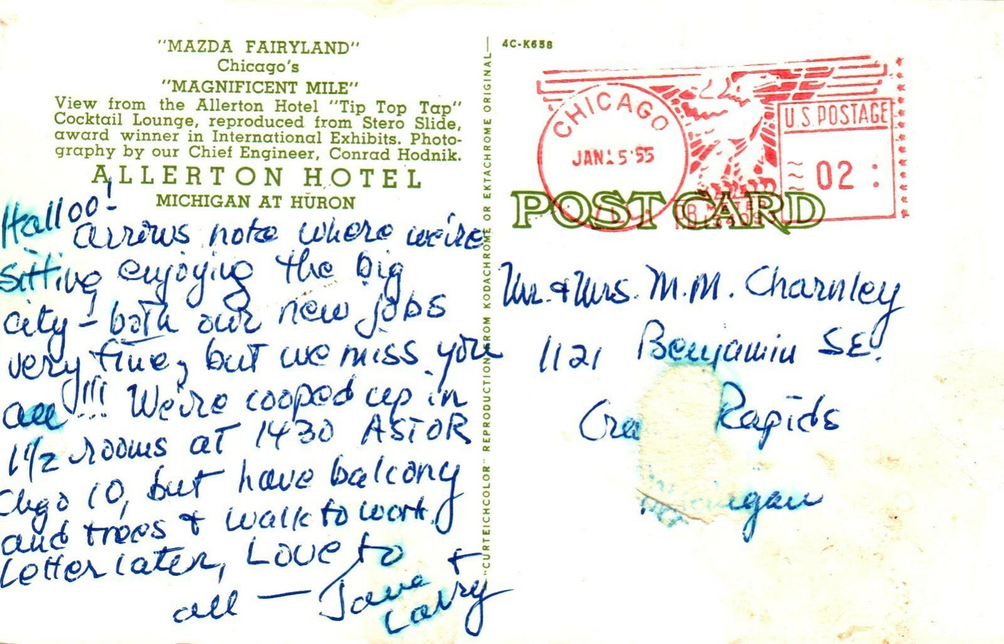 Mazda Fairyland Chicago Magnificent Mile Allerton Hotel Motel Postcard