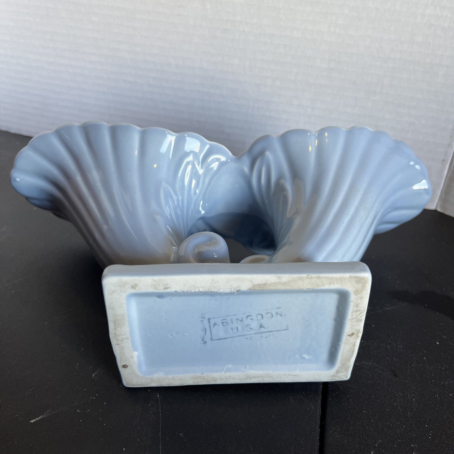 Abingdon Illinois Pottery 11" Double Cornucopias Blue Vase Planter #482