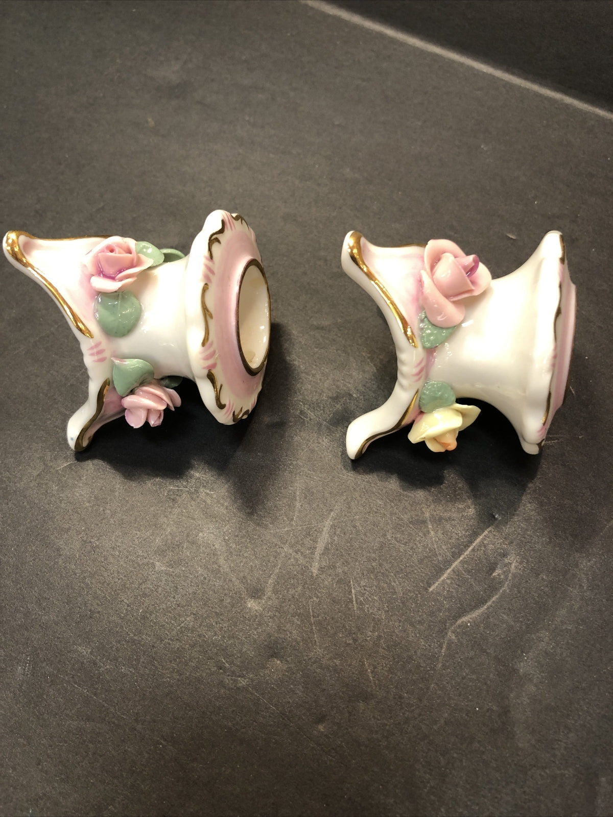 Vintage Set of 2 Italian Capodimonte Pink Floral Rose Candle Stick Holders