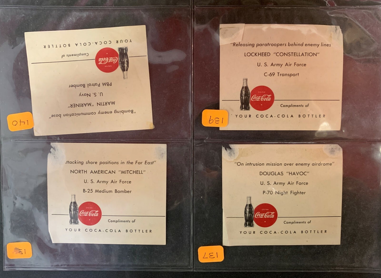 Lot of 4 1940 WWII Coca-Cola Fighter Plane Navy Army Air Force Advertising Cards