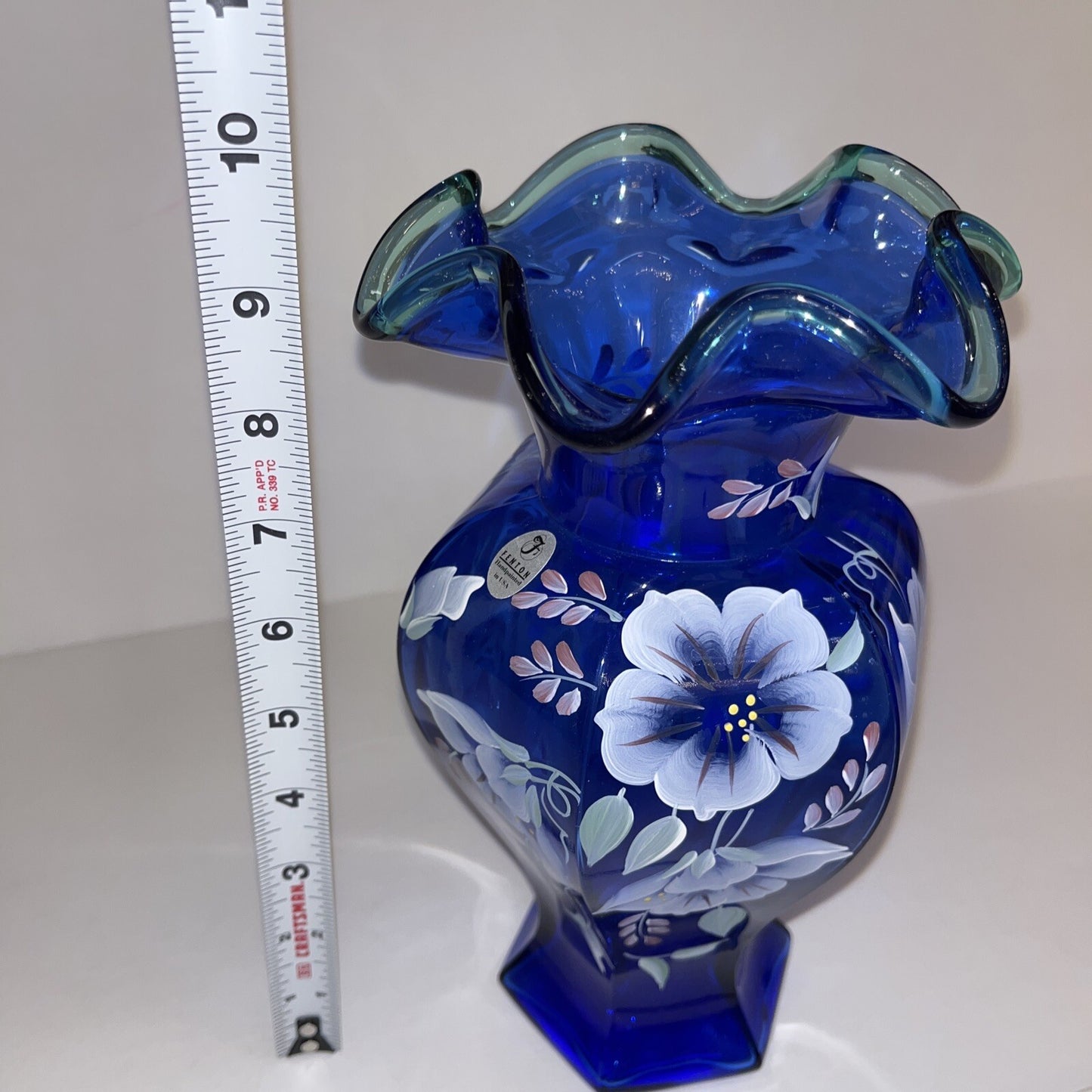 Fenton 75th Anniversary Vase Colbalt Blue Green Crest Hand Painted Signed