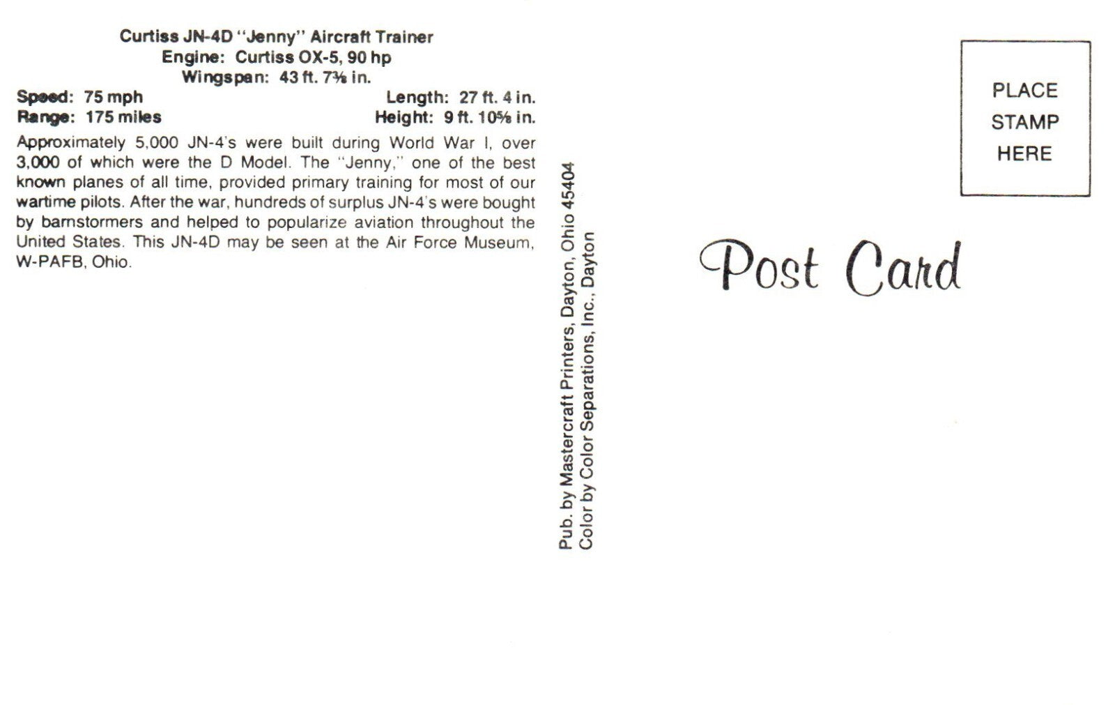 Curtis JN-4D "Jenny" Aircraft Trainer Airplane Postcard