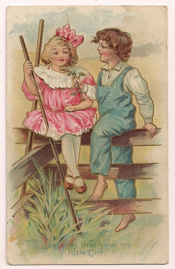 "Just play that your my little Girl" Barefoot Boy Offers Girl a Flower Postcard