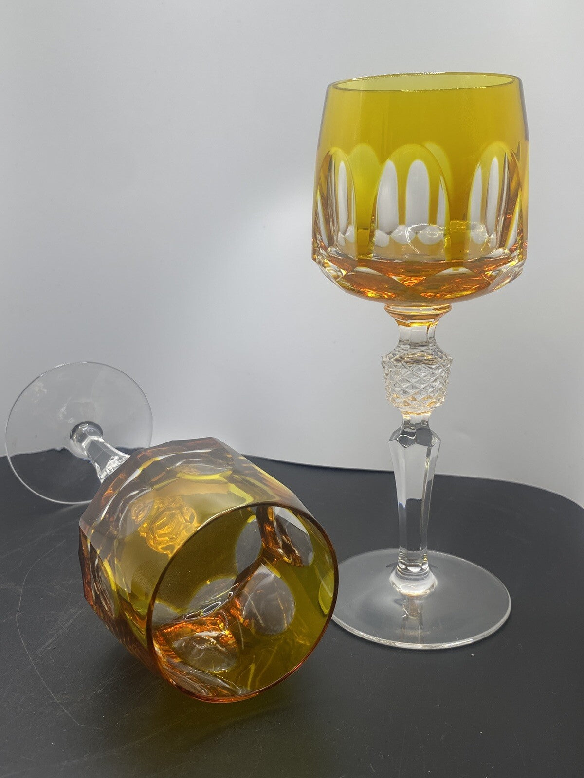 2 NACHTMANN ANTIKA Crystal 8" Cut To Clear WINE GOBLET Bohemian Yellow