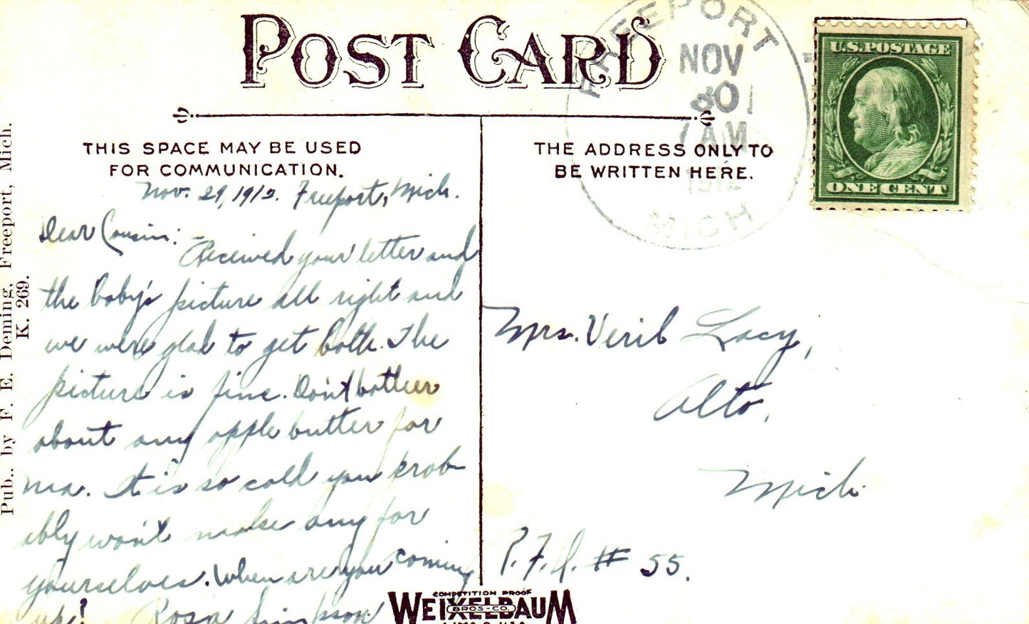 Bird's Eye View of Freeport Michigan MI Postcard