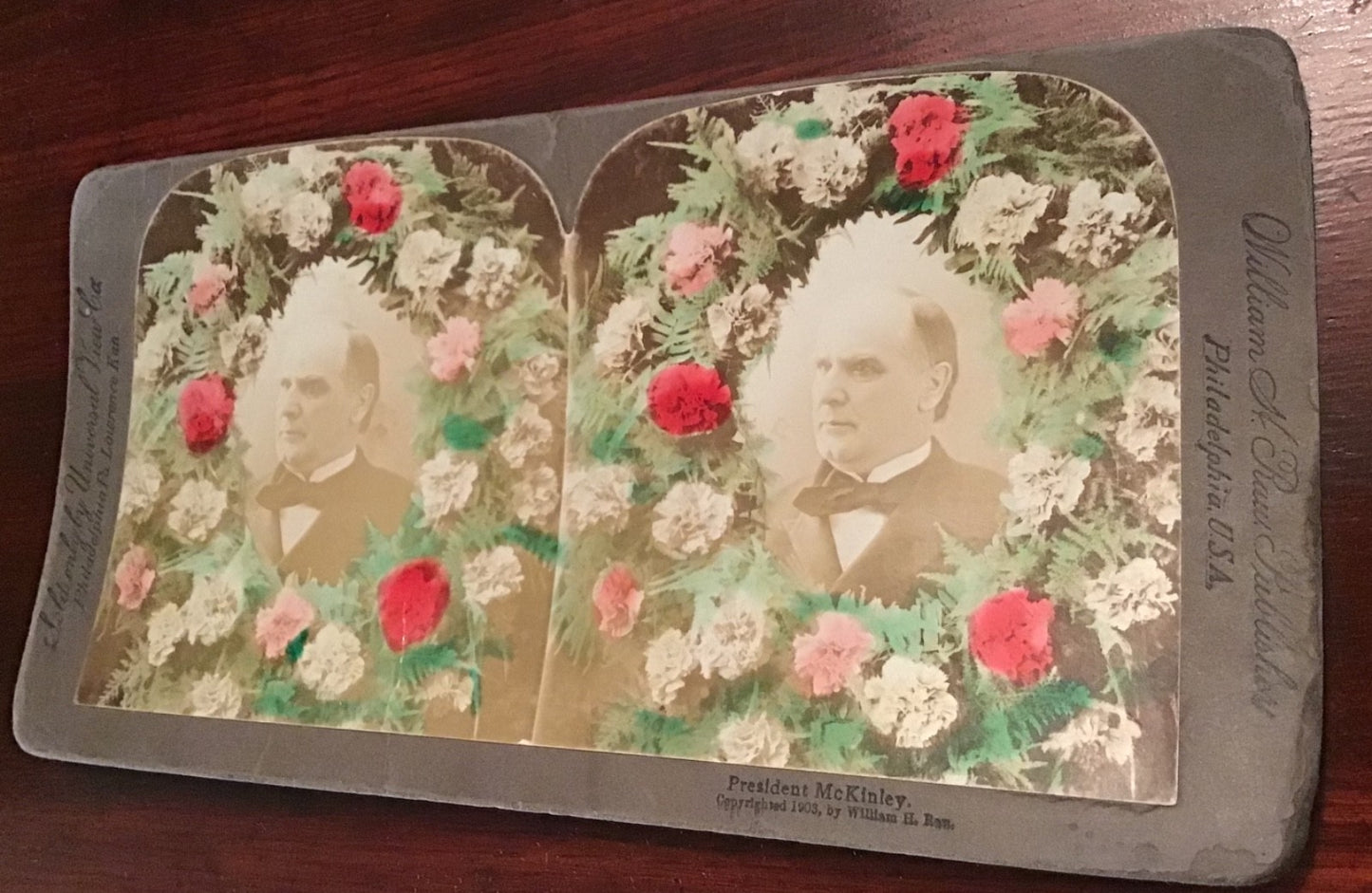 Real Photo President McKinley Memorial Hand colored Funeral Wreath Stereoview