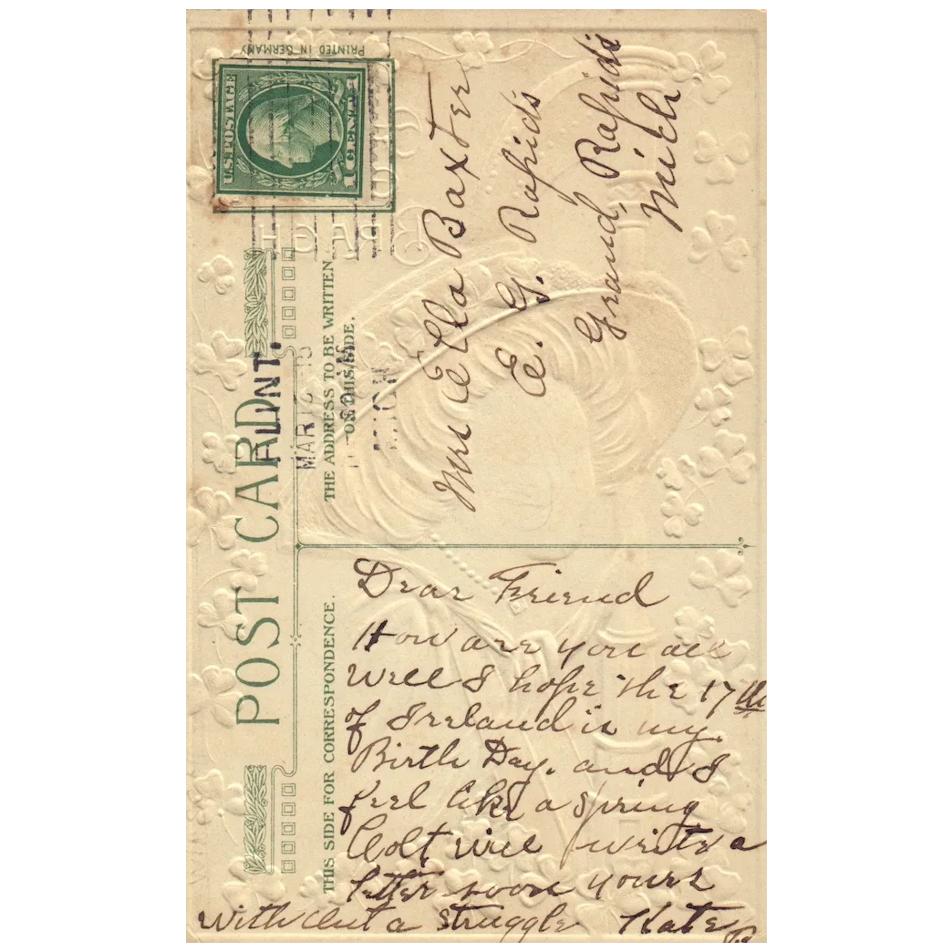 Signed John Winsch Irish Woman with Harp and Clovers Vintage St Pats Postcard