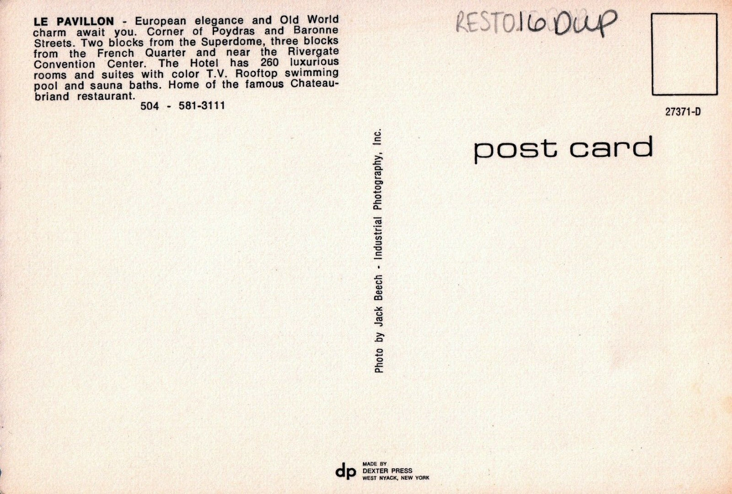 Le Pavillon Chateau-briand Restaurant New Orleans Louisiana Postcard