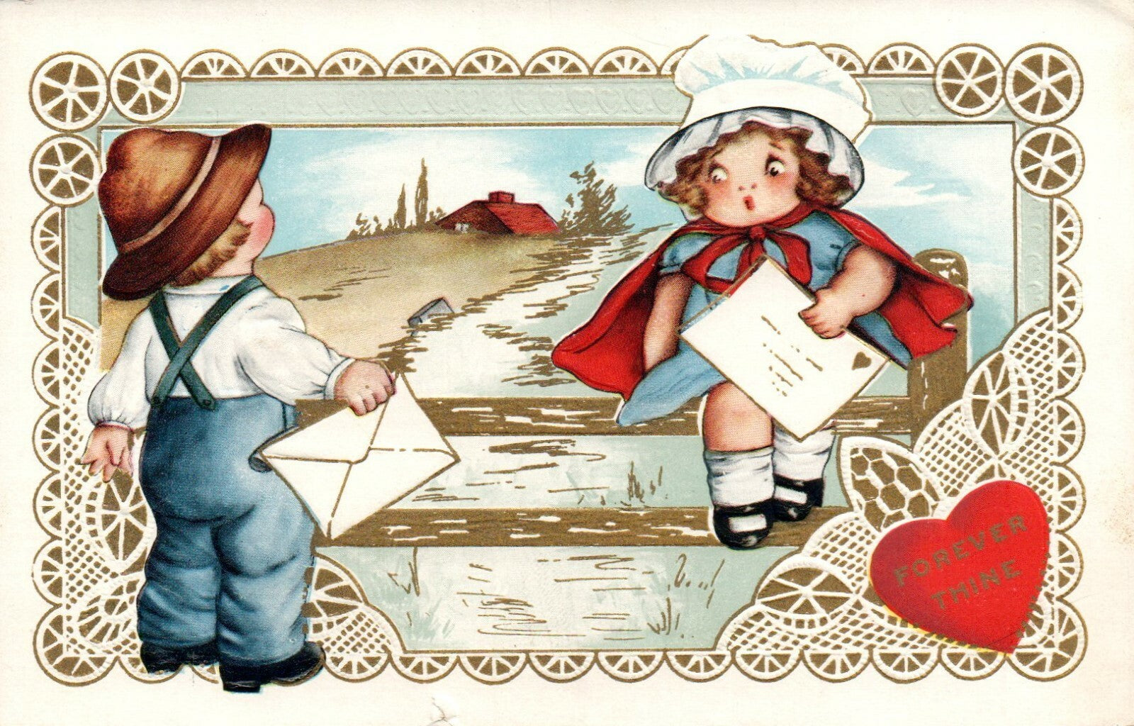Whitney Boy and Girl Handing Over Love Letters to Each Other Valentines Postcard